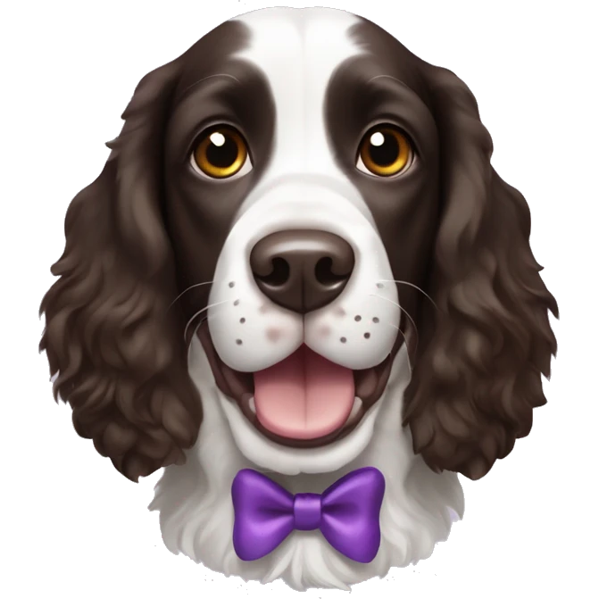 English springer spaniel dog that is happy with blackish browning ears and a white face with  a purple bow emoji