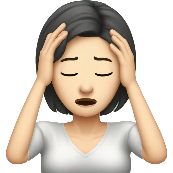 Headache, middle-aged Korean woman in her 40s, with one hand on her head, painful face emoji