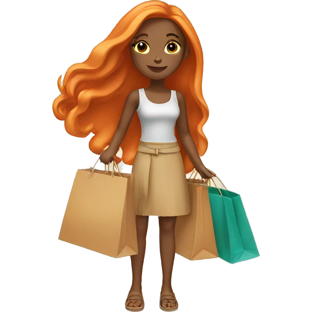 Tan girl with long orange hair holding shopping bags emoji