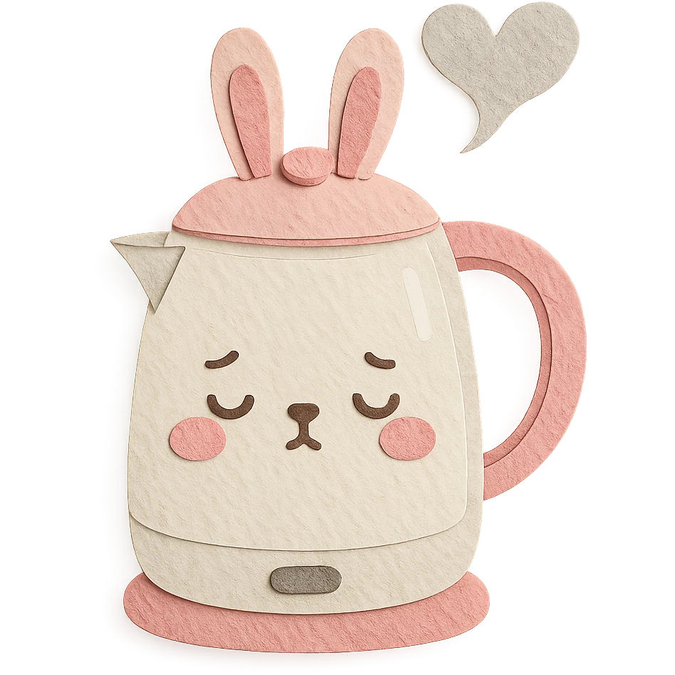 cute bunny-shaped electric kettle, shy expression, steam forming a heart, pastel white and pink, full-body emoji