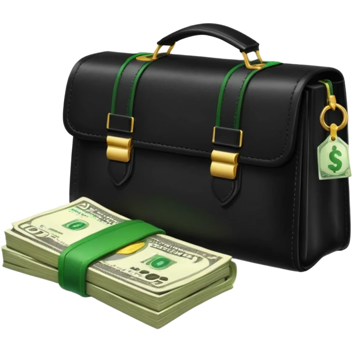 Create a black leather bag with a stack of cash a lot of money in authentic Apple emoji style. emoji