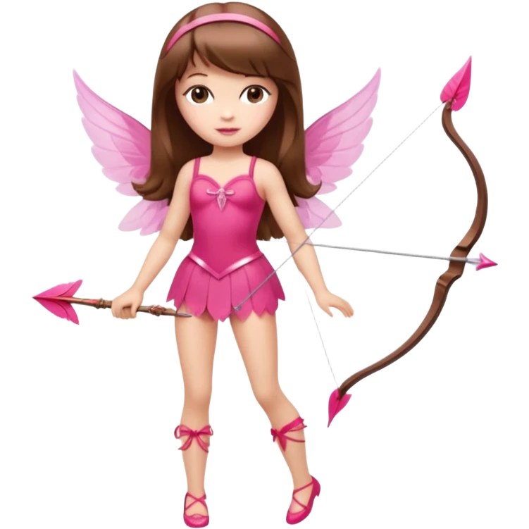 Hada de piel clara cupido pequeña  de cabello largo lacio castaño con flequillo y ojos cafés  vestida con algo sensual semitransparente corto color blanco o rojo con 1 arco y una sola flecha que combinen y labios rositas tipo Barbie pero en hada cupido de cuerpo completo de pies a cabeza   emoji