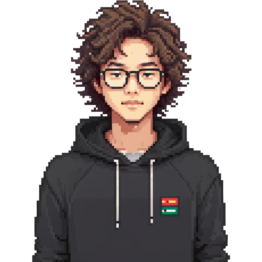 Malay teenager with fluffy hair, long face, light mustache, glasses, and a black hoodie emoji