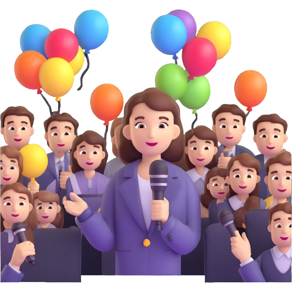 woman using a microphone to promote a product to customers outdoors, with a small crowd and balloons emoji