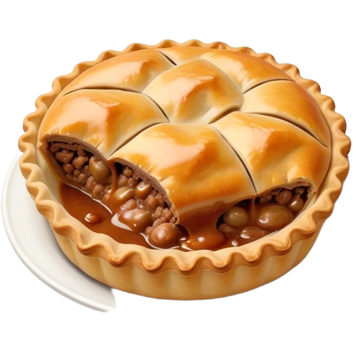 Cinematic Realistic Meat Pie Dish Emoji, showcasing a flaky pastry filled with rich, hearty meat gravy, rendered with lifelike detail and warm, inviting lighting. emoji
