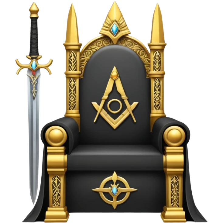 wide big iron black sword throne with ornate gold and prominent Illuminati symbol emoji