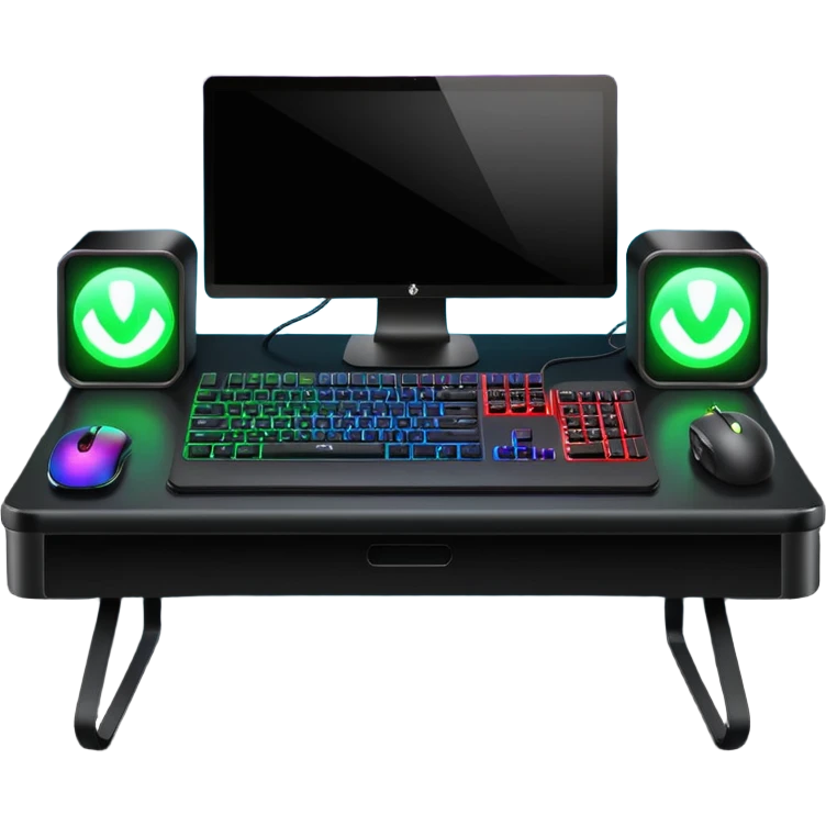 rgb gaming computer on black desk with a black keyboard and mouse emoji