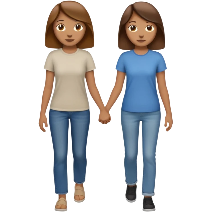 based on emoji style, two people walking together. one is brown-haired woman, wearing a shirt,  Another one is a non-binary person, wearing t shirt and jeans, and the second person doesn't have anything on their hands. They are not holding hands emoji