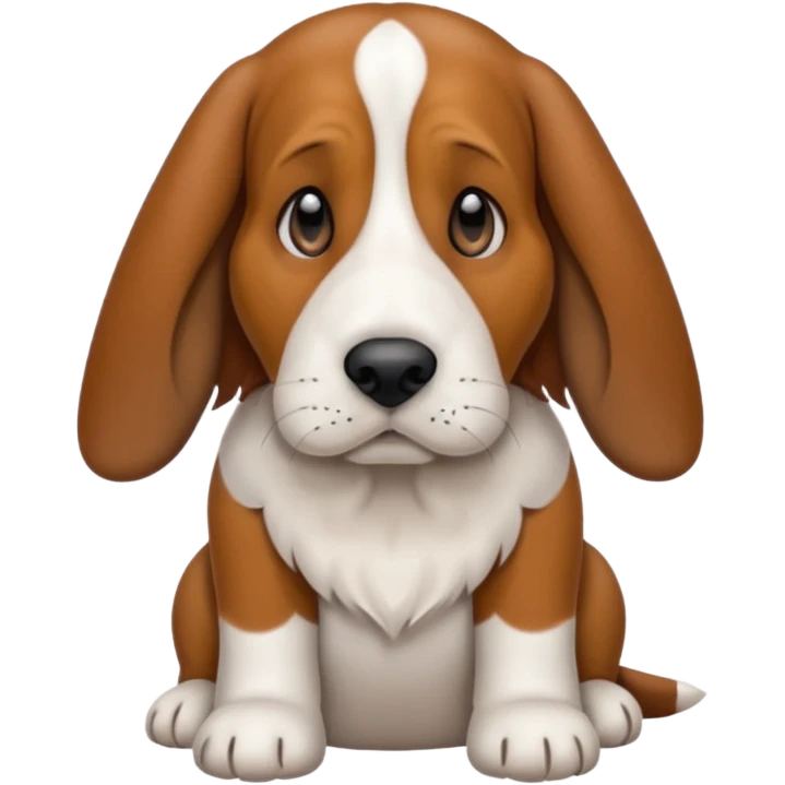Basset hound with smaller ears, brown face black nose and ears. White belly chest and feet emoji