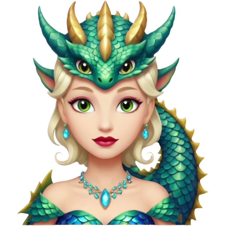 Am amazing blend of a half dragon woman with glittering jeweled scales covering her body. She has large almond shaped eyes, lush lips, and she wears a stunning luminescent gown. emoji