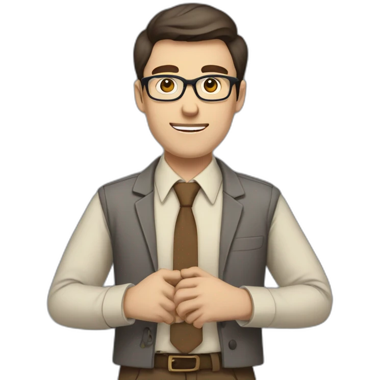 To belt Actively gesturing with hands Pale skinned fit man teacher with dark brown hair in gray jacket, beige office shirt, brown tie, brown pants and vintage glasses. emoji