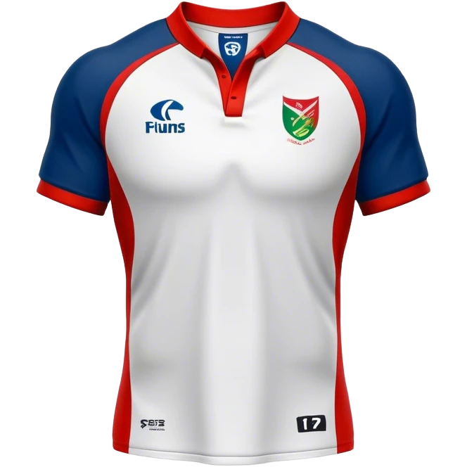 Cinematic Realistic image of a rugby jersey rendered in bold, dynamic team colors with intricately detailed fabric textures and natural creases, illuminated by dramatic stadium lighting emoji