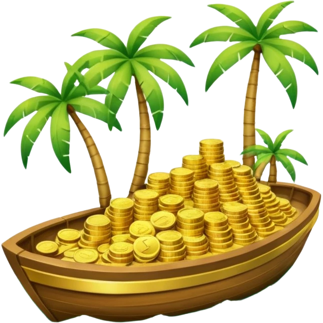 emoji of gold coins on the boat in the sea and an island on the background emoji