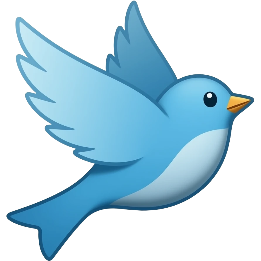 Flat emoji of a blue bird flying with wings up, bold outline, simple wing and tail shapes, two or three blue tones, transparent background, square, no text. emoji