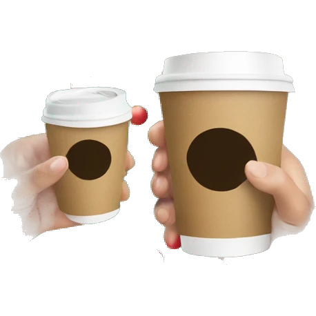 two hands holding paper coffee cups on a photo of a Christmas tree emoji