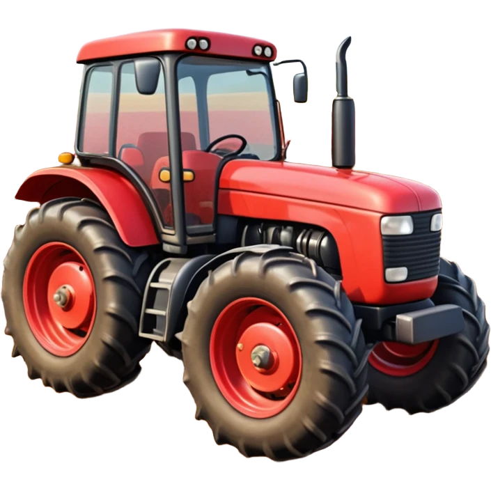 A 3D cartoon red tractor in a farmland setting, with plowed soil and crops in the background, smooth reflections, detailed tires, warm daylight, Memoji-style realism. emoji