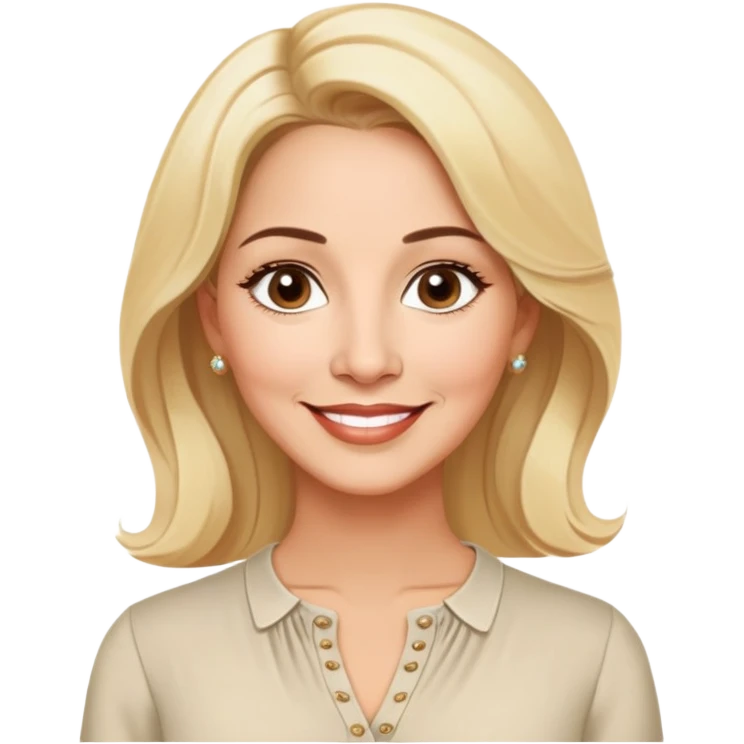 Warm-hearted Linette Torres, Puerto Rican actress in her 50s with light skin, extremely loving expression, bright gentle eyes, sweet welcoming smile, elegant blonde hair, wearing a simple relaxed blouse emoji