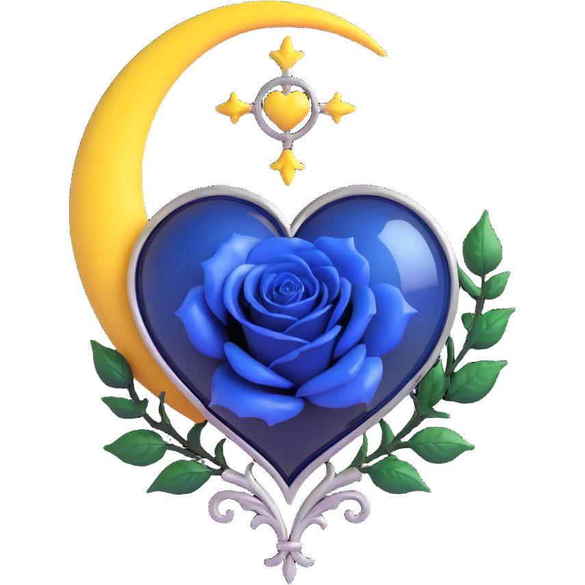 gothic heart in deep blue glass, silver crescent moon accent, large black rose details, mysterious and opulent emoji