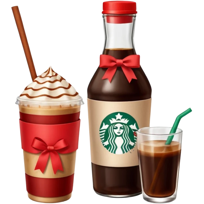 Starbucks iced espresso with milk and the cup has red ribbons printed on it. There is a bottle of cinnamon dolce syrup next to it  emoji