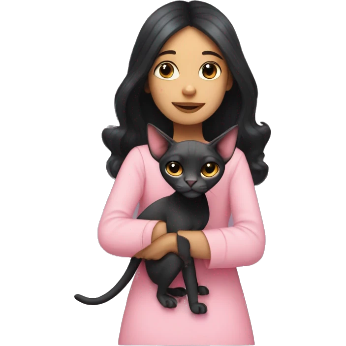 A girl with black hair hugs a pink sphinx cat  emoji