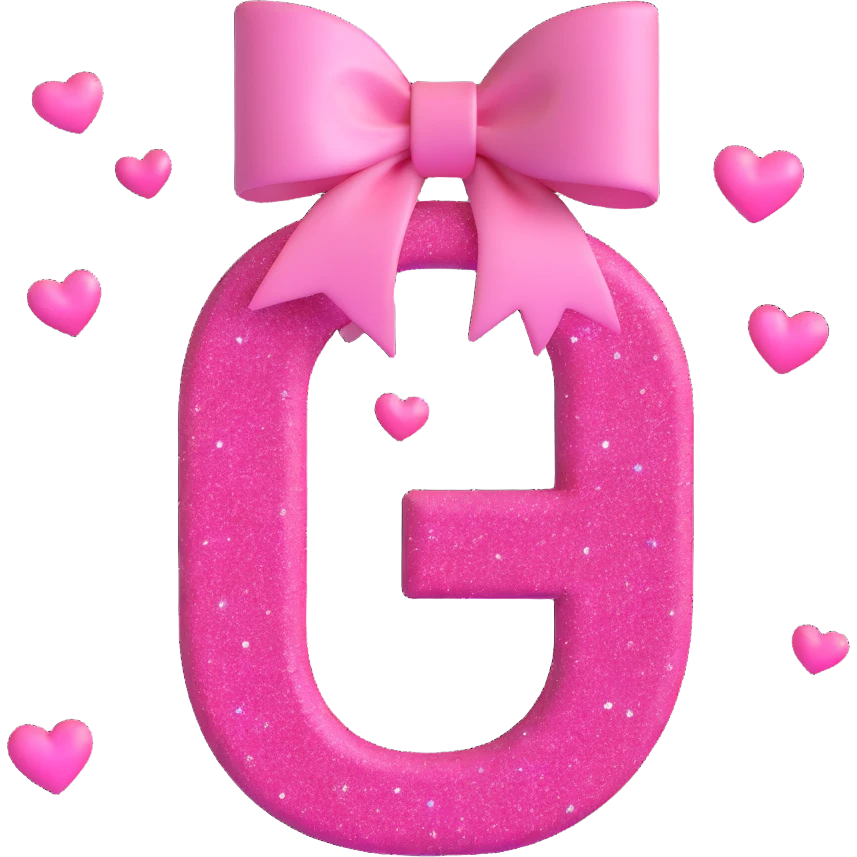dark pink letter G with a light pink bow and floating glittery pink hearts emoji