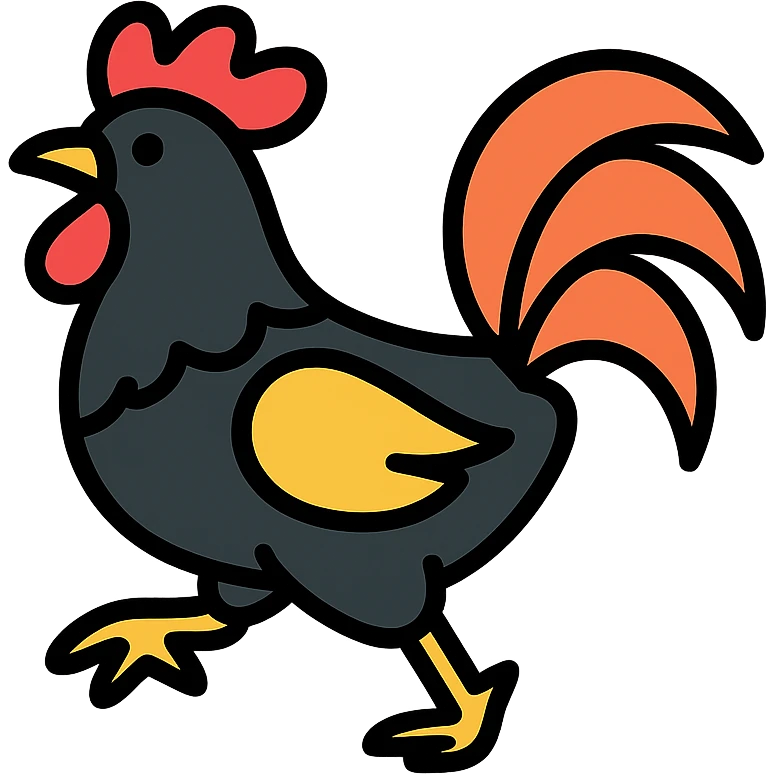 black rooster, eye-catching, dynamic pose, graphic style emoji