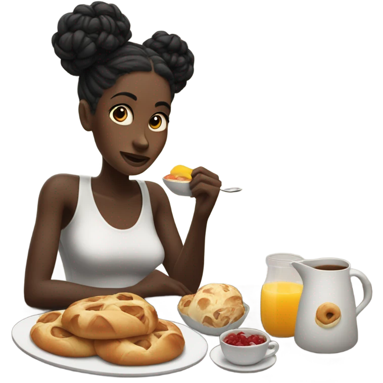 Dark skin black  woman eating breakfast with twist bun good morning emoji