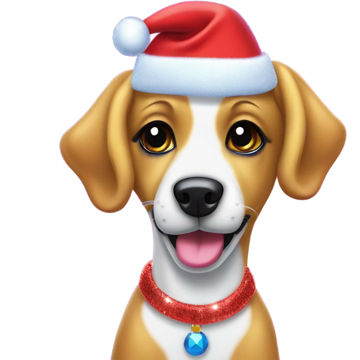 Lisa frank Christmas sparkle￼ dog with Santa hat emoji