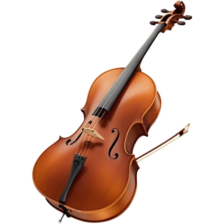 Create an elegant and refined emoji representing a Cremona 4/3F 4/4 cello with bow. The design should feature the distinctive, finely crafted body of the cello, highlighting its rich wooden finish and gracefully curved shape. The bow should be included, with visible horsehair and a polished wooden stick. Add subtle details like tuning pegs and strings to emphasize the precision and craftsmanship of the instrument. Use warm wood tones, deep brown, and soft metallic accents to reflect the high quality of the Cremona cello. The background should be transparent. emoji