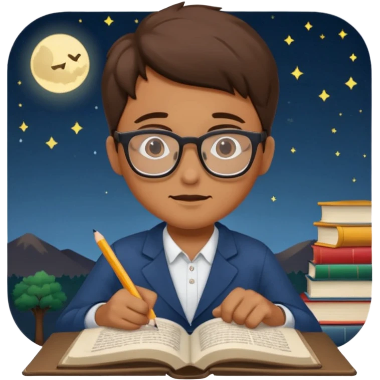 person infront of a book learning in the middle of the night emoji