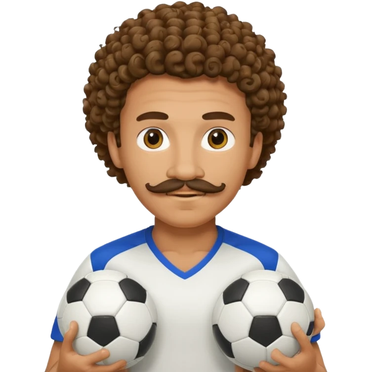 curly hair man soccer player with mustache holding soccer ball emoji