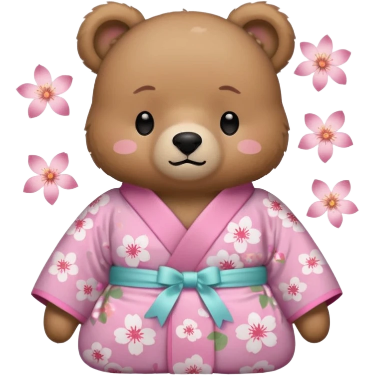 A cute light-brown bear wearing a pastel pink sakura-patterned kimono with a small ribbon on the back, normal balanced head and body proportions, sleepy half-closed eyes, mouth slightly open in a drowsy expression, tiny “zzz” floating near the head, a couple of sakura petals around
 emoji