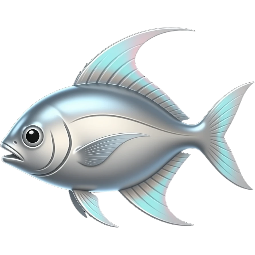 Silver fish, black background, high contrast, mostly monochrome, minimalist futuristic design, metallic texture, smooth surface, smooth texture with soft neon hues, smooth, futuristic, minimalist emoji