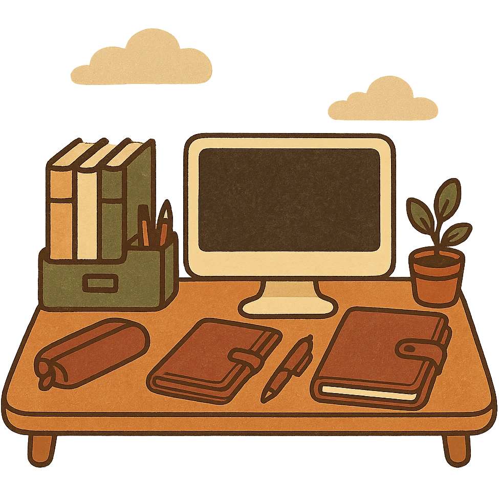 sticker illustration of a neat organized workspace with elements of organization including a desk, organizer, leather accessories such as a notebook cover, leather pencil case, stand, in burgundy, white, black, gray colors, modern business style, no text emoji