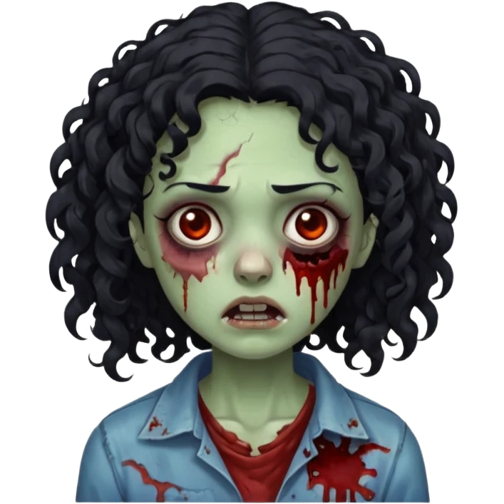 a zombie with curly medium black hair, dark brown eyes and a bit of blood on her cheek emoji