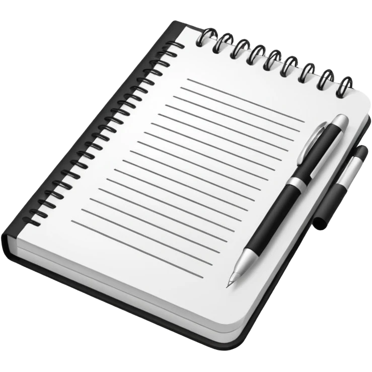 Front-facing notebook icon with a pen on the right side, minimal line-art, clean modern style, perfectly straight angle (no tilt), simple outlines, slightly 3D, no background, transparent, “documenting / journaling / tracking progress emoji