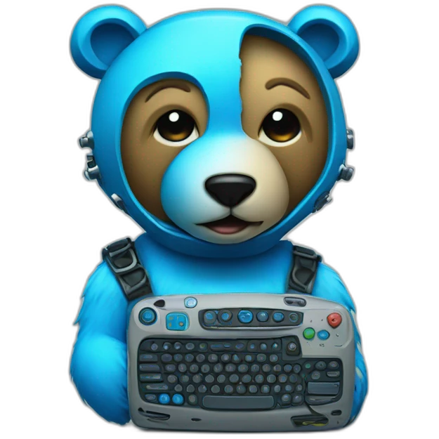 little blue neon punk bear with broken toy computer emoji