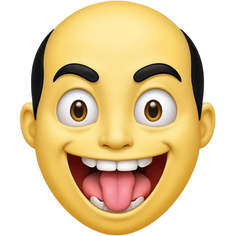 Freaky yellow face emoji smiling really big with huge tongue out and eyes wide open. Tongue should is wagging back and forth. Give him a head of black hair emoji