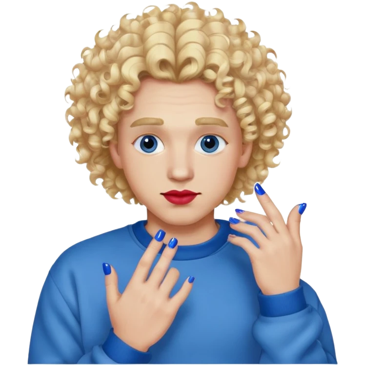 A man with curly fluffy blonde hair with lipstick long eyelashes and painted nails wearing a blue crewneck emoji