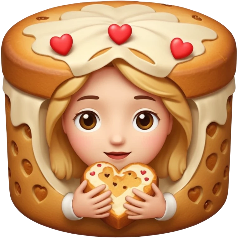 Apple-style emoji illustration of a cute face with dreamy eyes hugging a traditional panettone, small hearts floating around, soft 3D emoji style, smooth gradients, rounded shapes, warm festive colors, simple expression, centered composition, transparent background, no text. emoji
