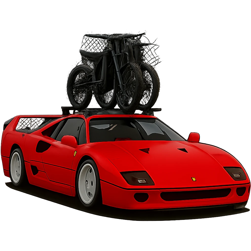 Make the two Sur-Ron electric bikes on the roof rack much smaller, to proper scale—significantly smaller than the realistic Ferrari F40, as they would be in real life. Keep the background transparent. emoji