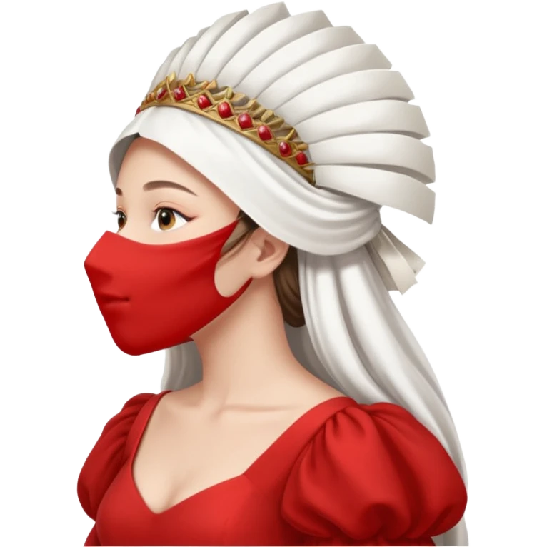 mujer de perfil con un vestido rojo de manga y falsas largas y voluptosas, y una toca blanca GRANDE que no se le ve la cara porque la toca la cubre emoji