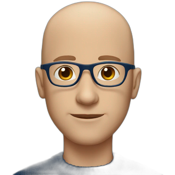 bald man with round glasses with navy sweater with blue eyes emoji