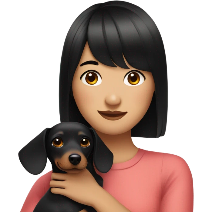 Asian woman with black neat bangs hugging black dachshund emoji