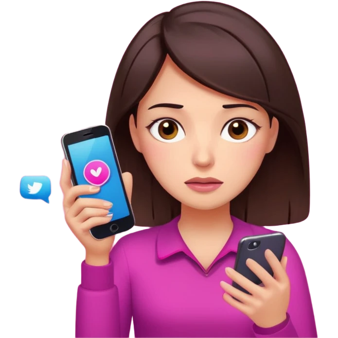 Social media manager. She has dark brown hair, brown eyes, overwhelmed expression, tired eyes, slightly stressed face,a holding a smartphone with notifications piling up. Use vibrant colors with a focus on pink and fuchsia tone emoji