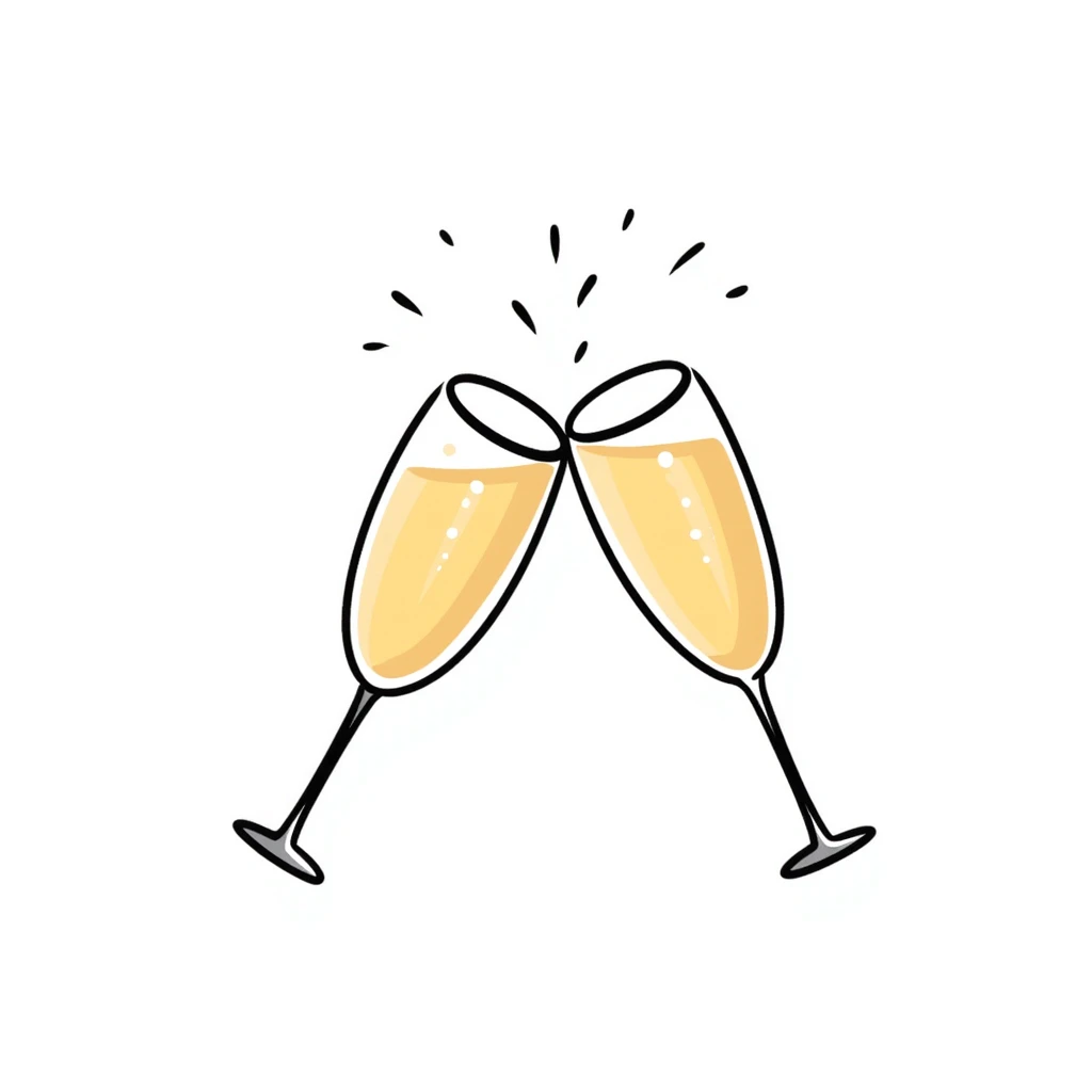 a pair of elegant goblets or wine glasses clinking together with champagne bubbles rising, in pastel colors dd9fb0, ffc6d3, a3bfc9, c4bee2, f1b091, detailed hand-drawn doodle style emoji