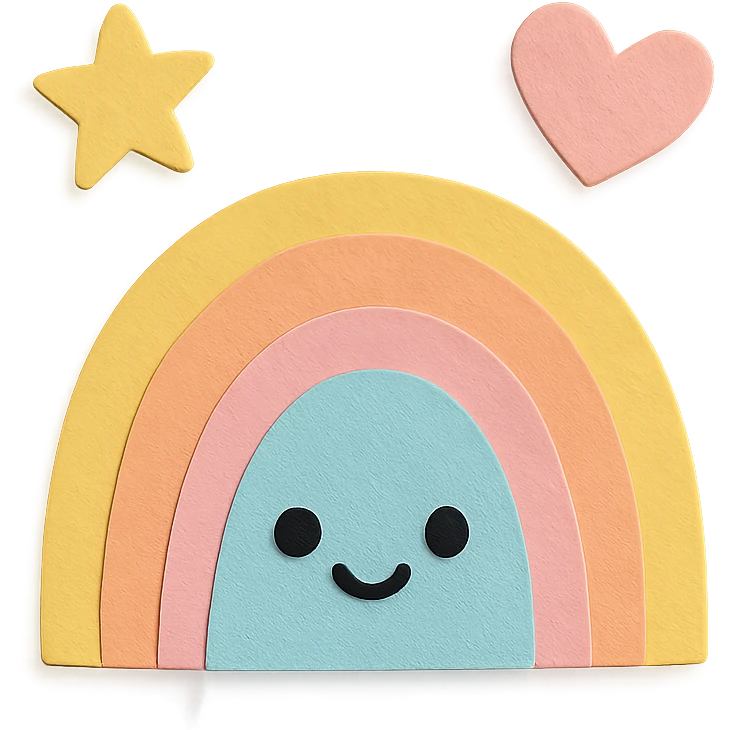 cute tiny rainbow, floating star and heart around, soft pastel colors, no limbs, transparent background, full body, paper craft style emoji
