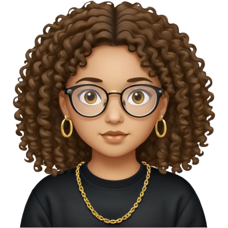 Mixed girl /curly long hair brown / with black eyes glasses black sweat shirt middle part baby gold earring and simple gold chain  emoji