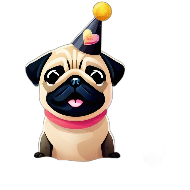 pug and black pug wearing birthday hat emoji