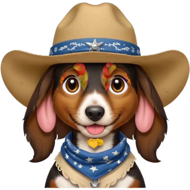 mostly black with some brown long hair daschund with a cowboy hat, ears curl out a bit and bandana and tongue slightly out emoji